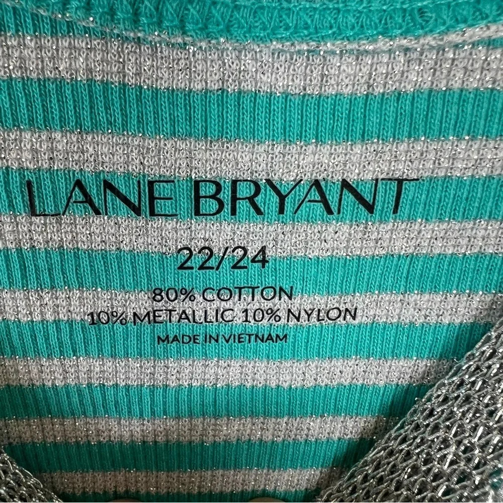 Lane Bryant Striped Metallic Tank Top Shirt Teal Silver Ribbed Stretch NEW 22/24 - Picture 2 of 8